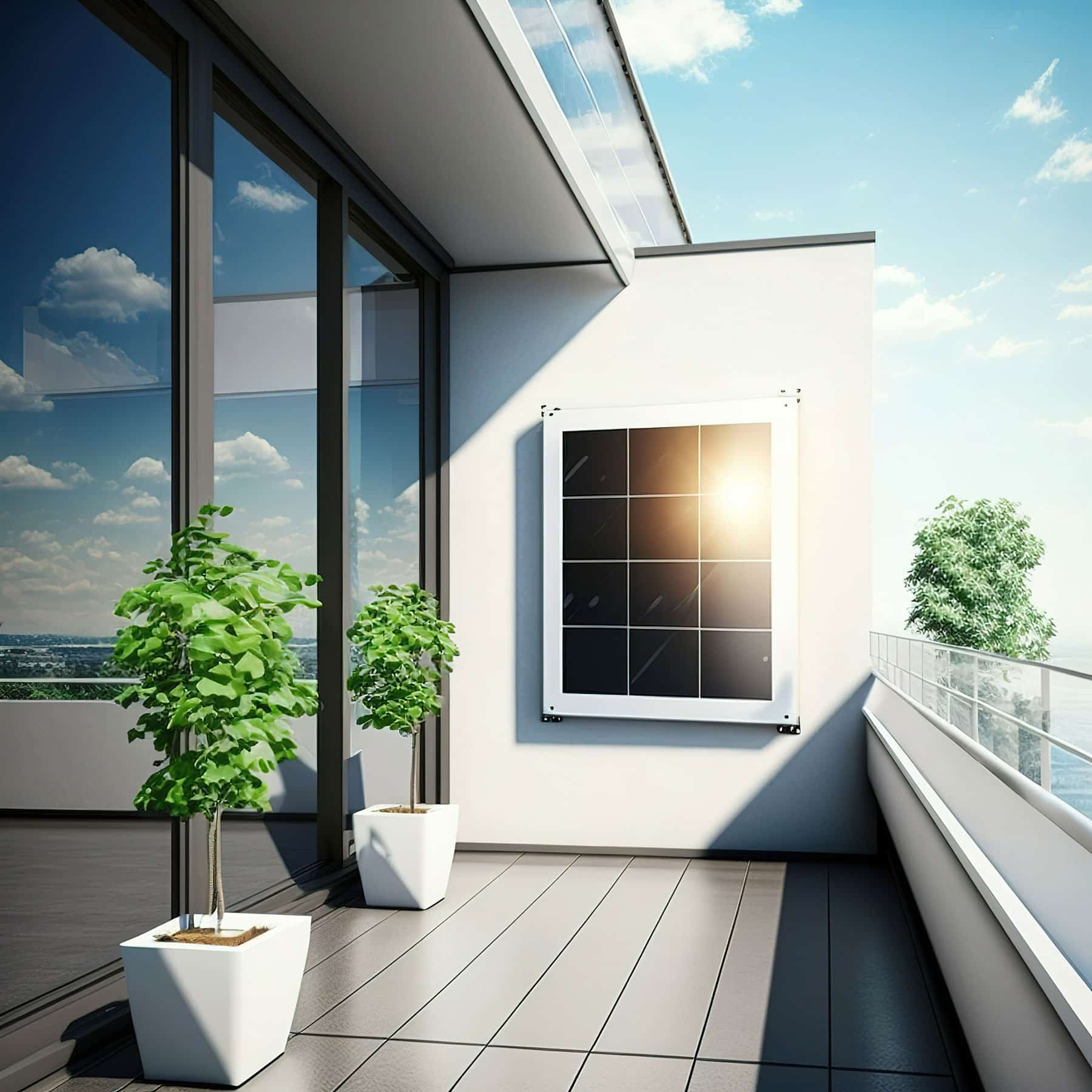 Balkonbild mit zwei kleinen Bäumen und ein Solarmodul an der Hauswand Fassade.