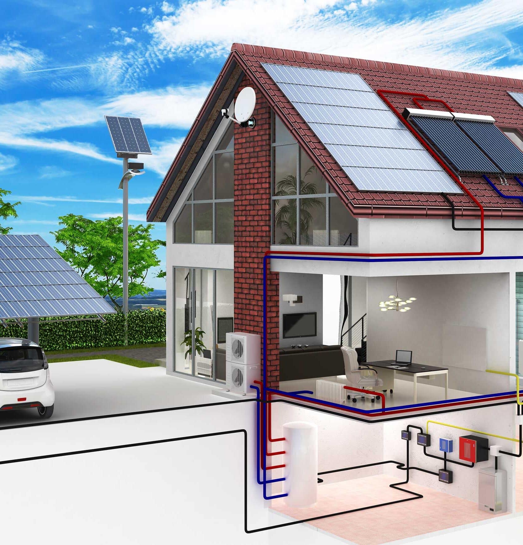 Grafik eines Hauses mit Elektroauto Solar Carport, und Photovoltaikanlage.
