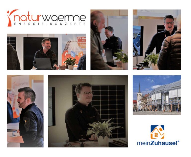 Bildercollage der Berater von naturwaerme auf der Bau + Immobilienmesse Aschaffenburg. Logo naturwaerme oben links zu sehen.