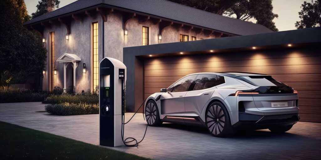 Elektroauto an der Ladestation vor einem modernen Haus