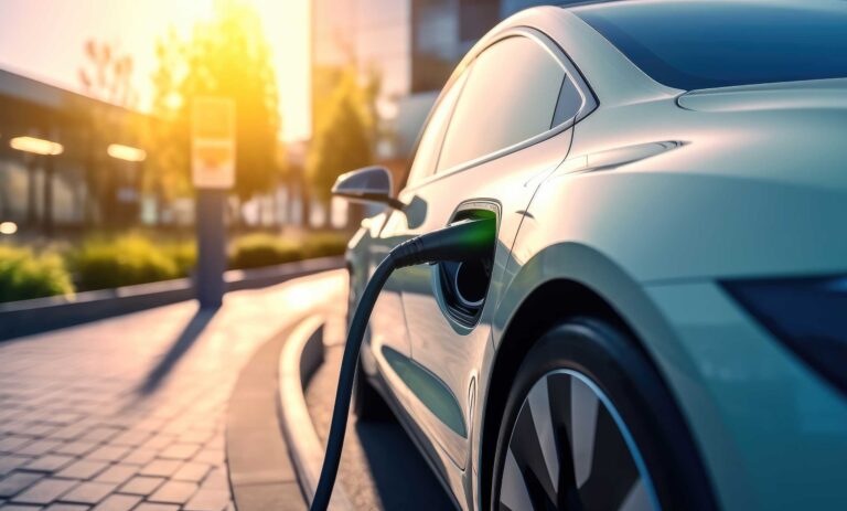 Auto lädt an Ladestation. Sonnenuntergang im Hintergrund.