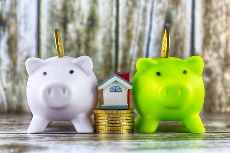 Zwei Sparschweine mit Geldmünzen