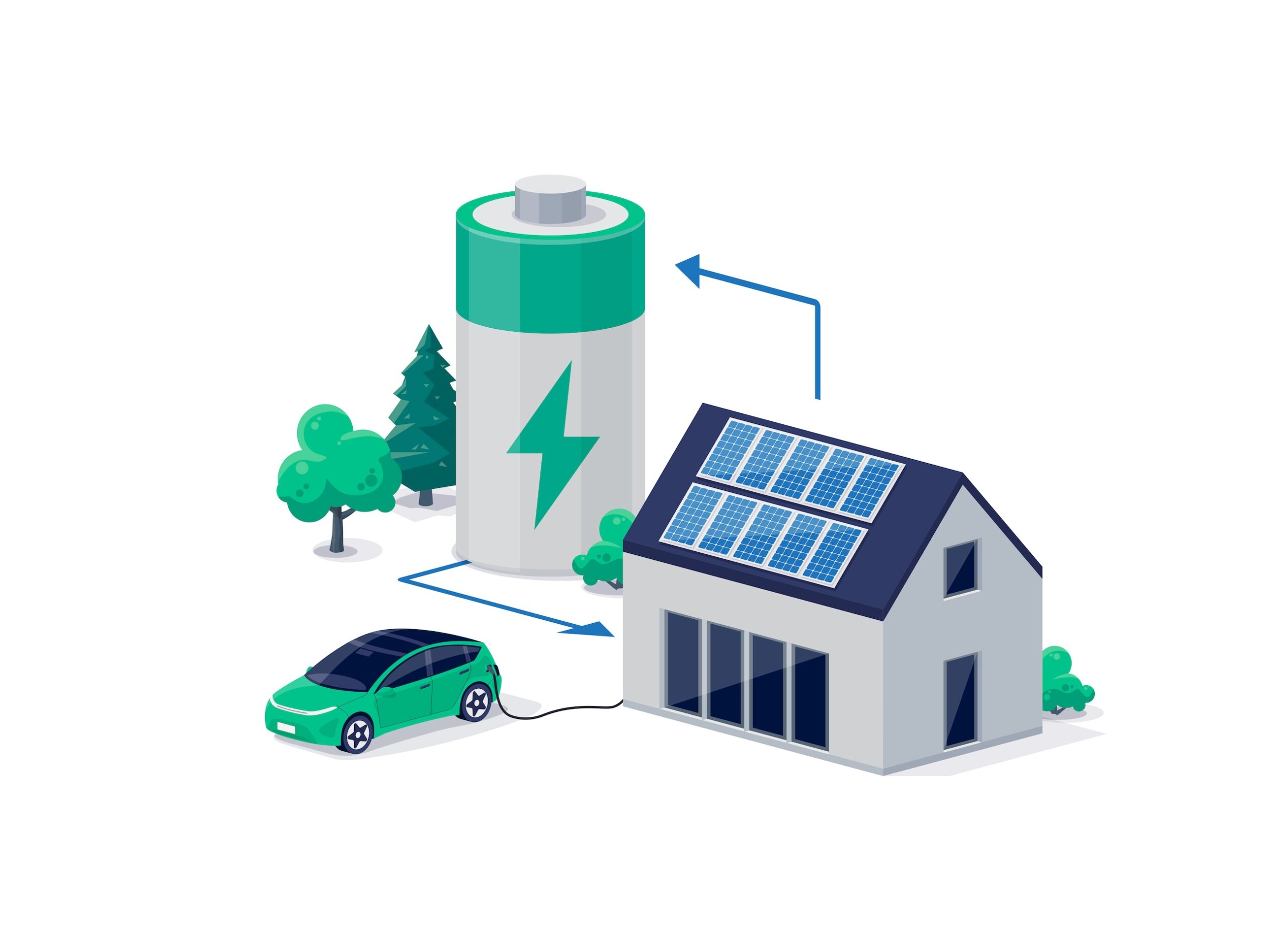 Grafikbild mit E-Auto, Hausdach mit PV-Anlage und großer Batterie