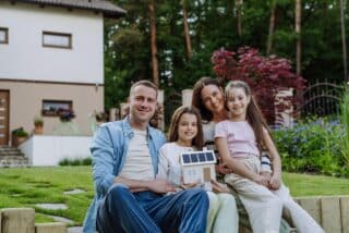 Familie mit Haus im Hintergrund und kleinem Haus mit Solaranlage in der Hand