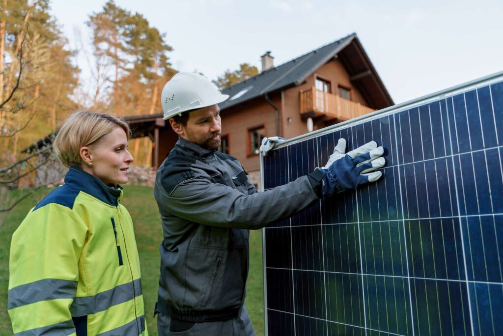 Zwei Handwerker mit Solarmodul