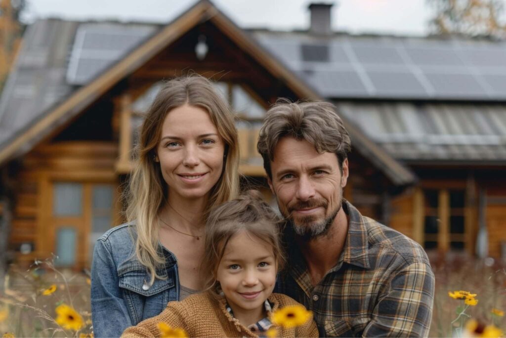 Familie vor Haus im Herbst