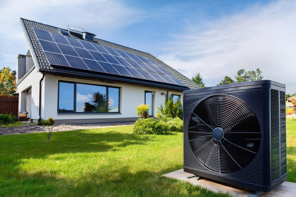 Wärmepumpe und Photovoltaik auf Hausdach im Hintergrund