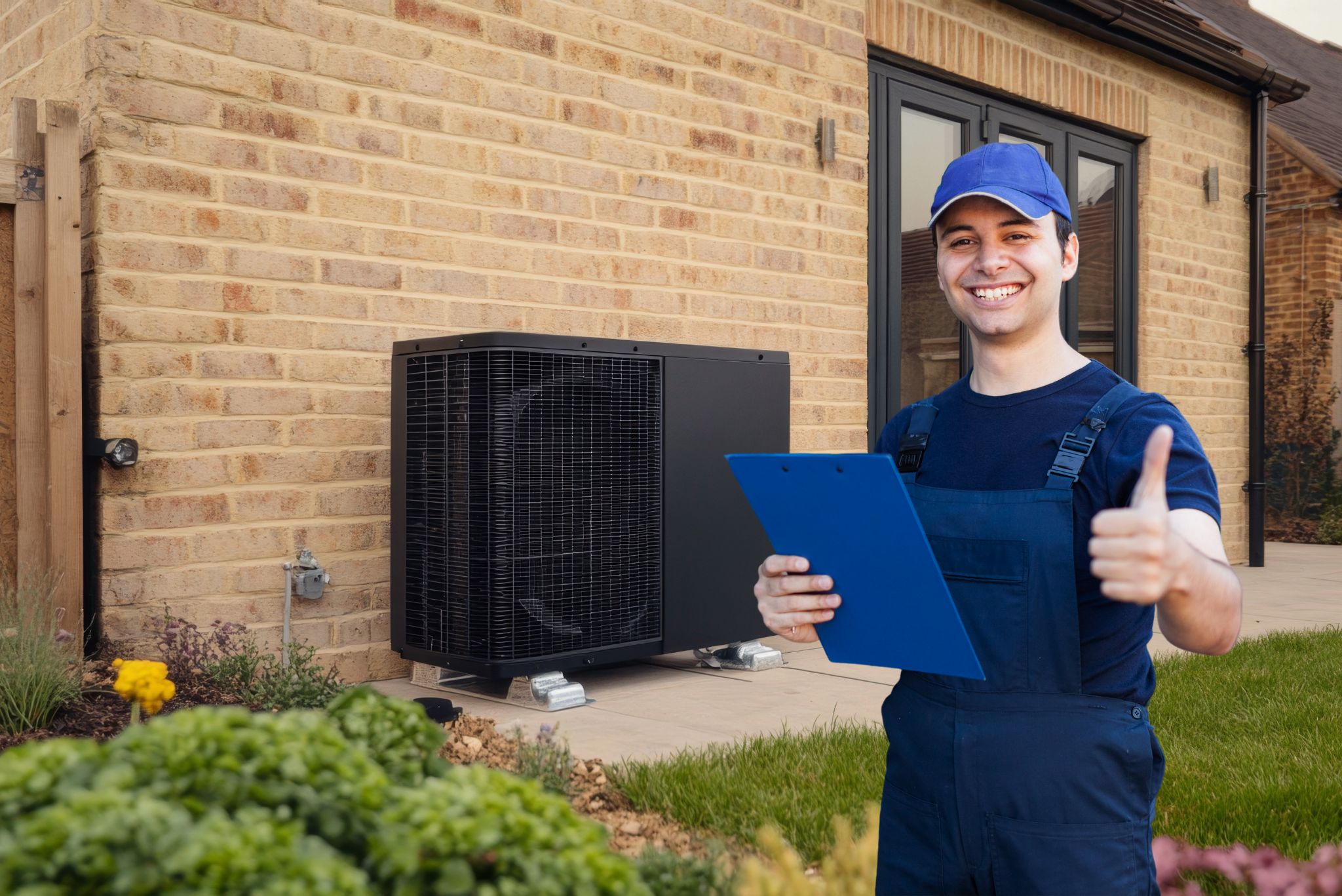 Wärmepumpen Check Handwerker zeigt Daumen hoch, im Hintergrund Wärmepumpe