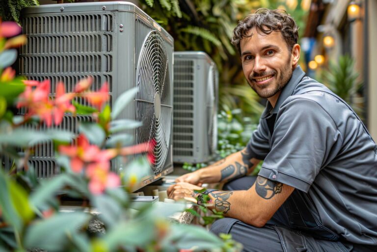 Mann sitzt vor Wärmepumpe