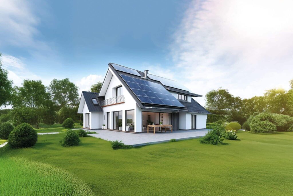 Haus mit Photovoltaikanlage auf Wiese