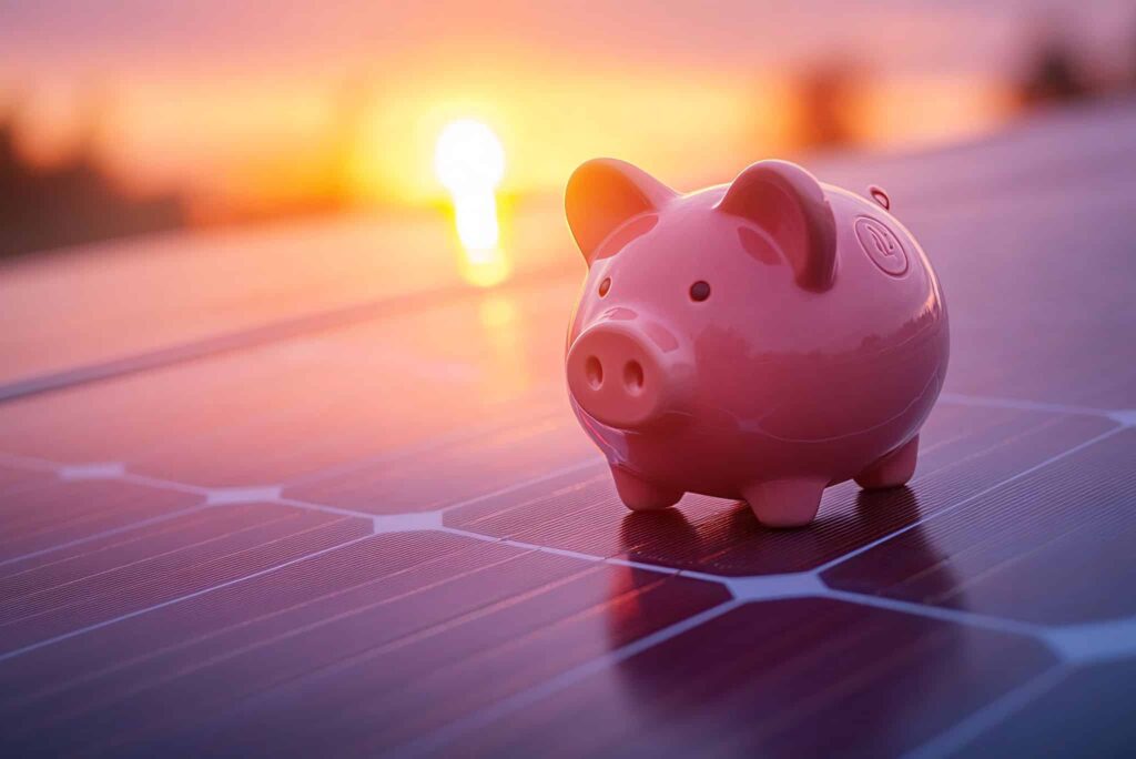 Sparschwein sitzt auf Photovoltaikmodul