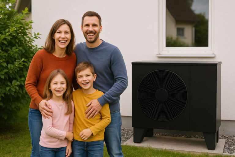 Familie steht vor ihrer Wärmepumpe, Symbolbild Stromverbrauch Wärmepumpe