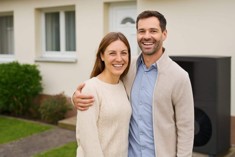 Glückliches Pärchen vor Wärmepumpe