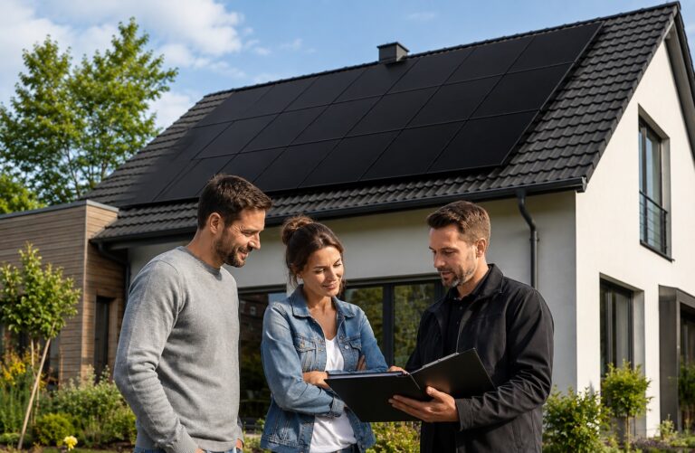 Pärchen bespricht Photovoltaik Förderung 2026 mit Fachmann