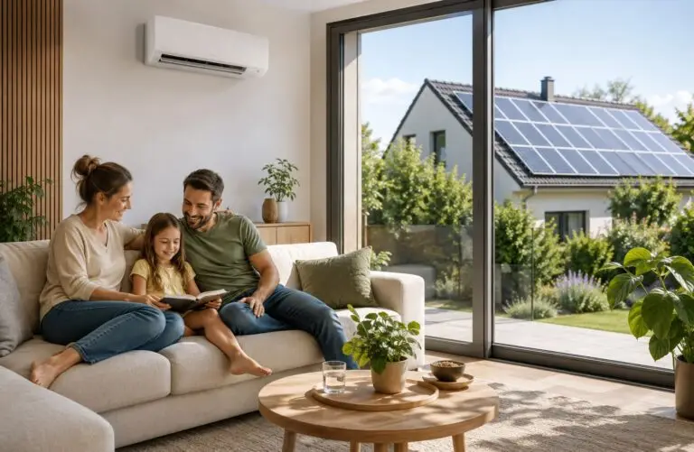 Familie sitzt im Wohnzimmer mit Klimaanlage