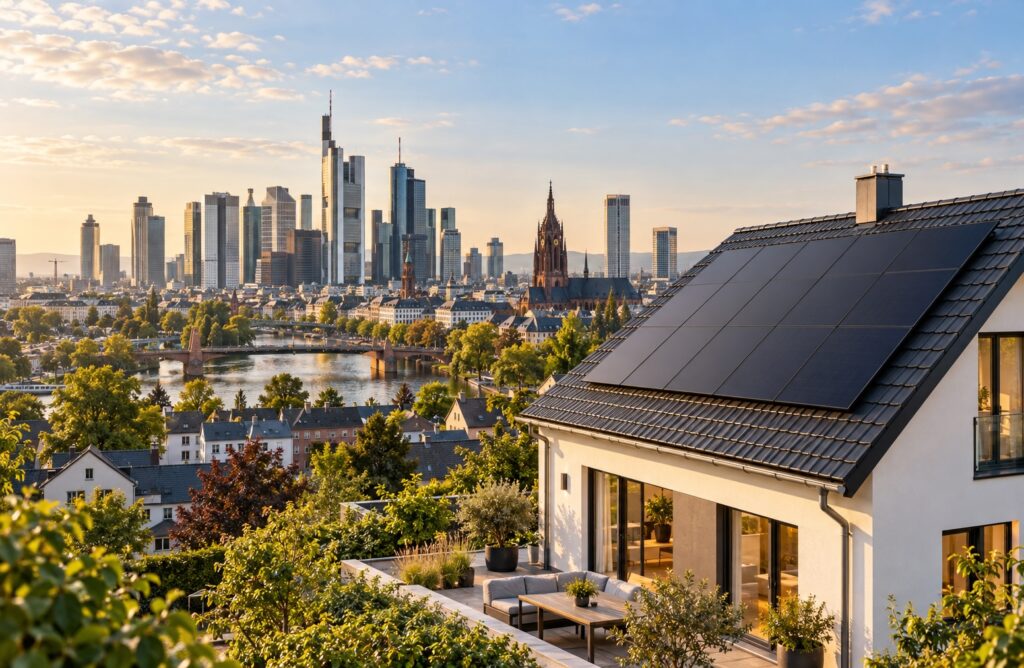 Solarhaus vor Skyline Frankfurt, Symbolbild Klimabonus