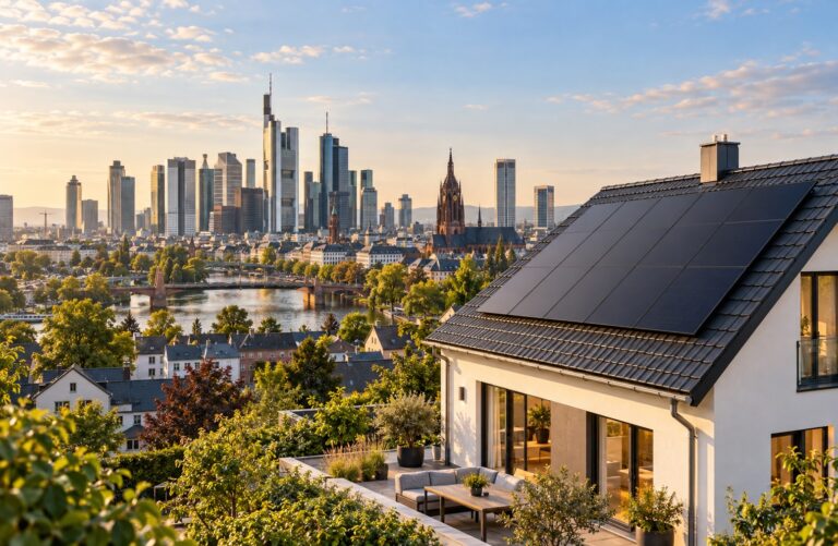 Solarhaus vor Skyline Frankfurt, Symbolbild Klimabonus