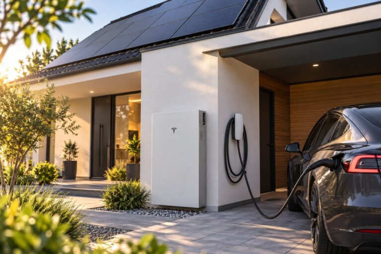 Tesla Powerwall Modernes Haus mit Tesla-Energie und E-Auto
